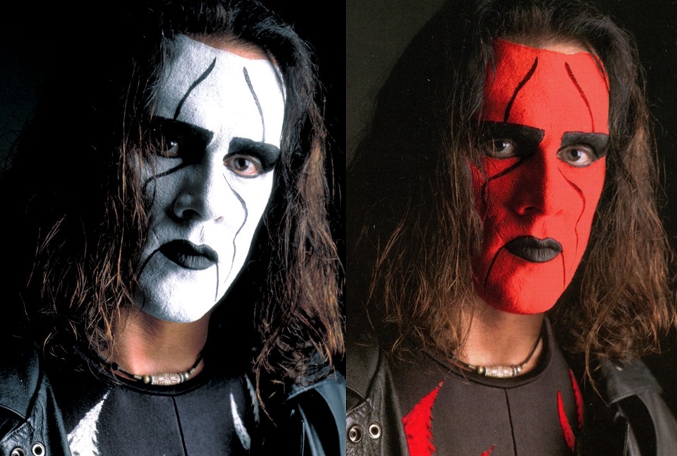 Original Sting photo shoot vs Retouched Tomato-Face Sting WCW Panini card.