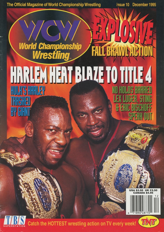 Cover of WCW Magazine from December 1995 ft. Harlem Heat as tag team champions.