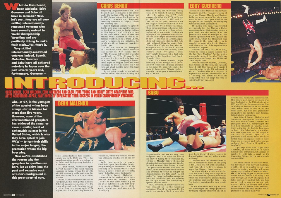 Two page magazine spread introducing, Chris Benoit, Dean Malenko, Eddy Guerrero and Sabu to the readers of WCW Magazine.