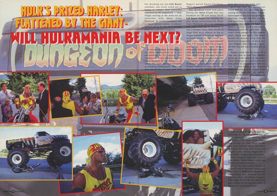 Two-page spread covering The Giant's monster truck crushing Hulk Hogan's motorcycle.
